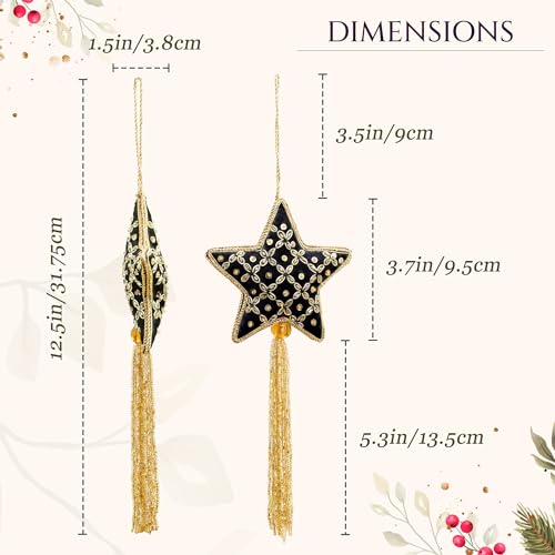 Set of 3 Black & Gold Hand-Beaded Christmas Star Ornaments for Tree