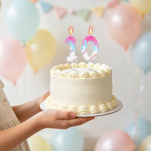 Number 10 Baseball Birthday Candle with Realistic Ice Cream Drip Design