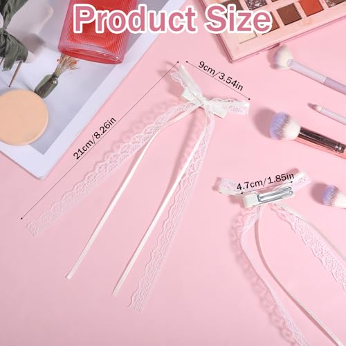 Zelphvt White Lace Hair Bows with Long Tails & Alligator Clips