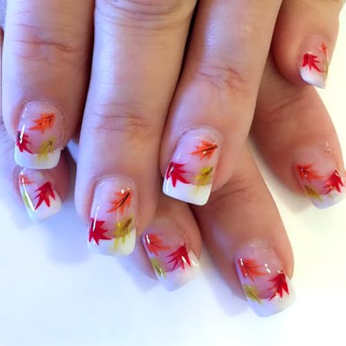 Fall Press On Nails Short Square Maple Leaf Glossy False Nails