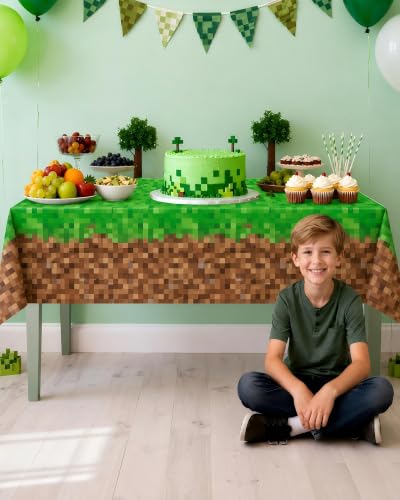 Calmi Green Pixel Miner Tablecloth - 54.1" x 108" Waterproof Gamer Party Cover