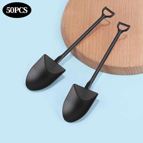 CCINEE 50pcs Mini Shovel Spoons, 12x3cm Disposable Black Plastic Dessert Spoons