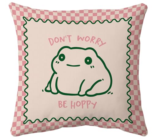 Huester Pink Checkered Frog Throw Pillow Cover, 18x18 Soft Corduroy Case