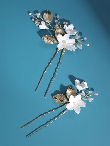 Bridal Hair Pins White Flower Gold Leaf Pearls - SELFCLOUD