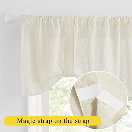 NICETOWN Kitchen Curtains for Small Window, 2 Panels Farmhouse Style Linen Semi-Sheer Light Filtering Valances for Living Room 18 inch Length with Adjustable Magic Straps, 52" x 18", Off White