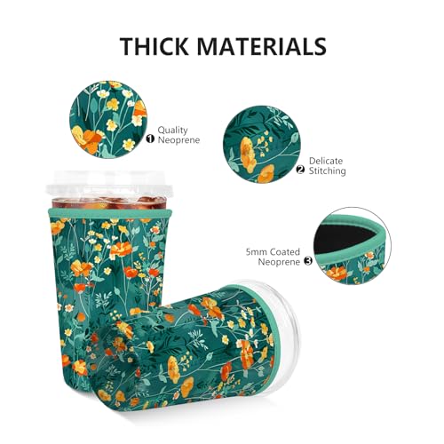 Reusable Neoprene Iced Coffee Sleeve - Green Flowers, 32 oz