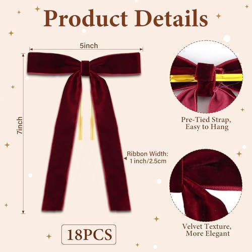 Hekocap 18 Pcs Burgundy Velvet Bows for Christmas Tree – Burgundy Velvet Christmas Tree Bows, Holiday Decorations for Garland Wreath Bow (5 * 7", 1" Wide)