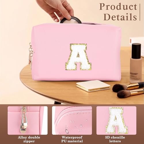 LLNC Personalized Initial Makeup Bag - Waterproof PU Leather Preppy Cosmetic Bag with Double Zipper