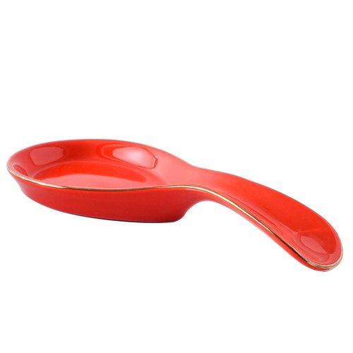 Maxramic Ceramic Spoon Rest for Stove Top, Golden Rim Spoon Holder Utensil Rest, Cute Spoon Rests for Coffee Bar (Red)