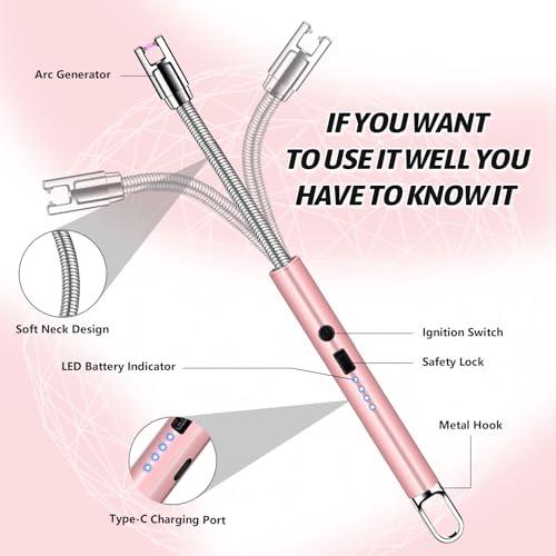 2 PCS Electric Lighter, Candle Lighter Arc Windproof Flame-Less with 360¡Æ Flexible Neck & LED Power Display, Type-C Rechargeable for BBQ, Grill, Camping, Fireplace, Stove