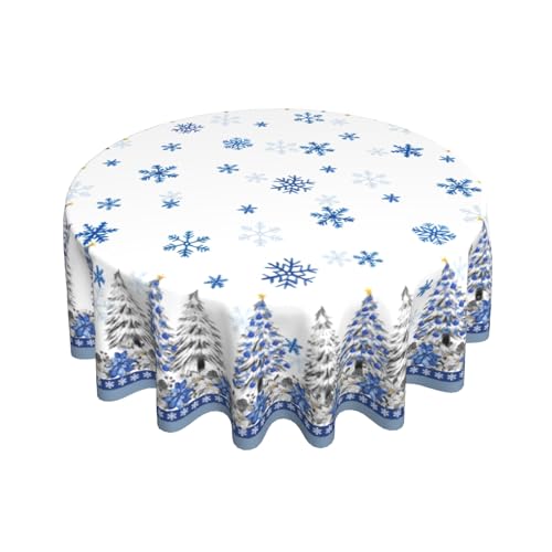 Giwawa Christmas Round Tablecloth 60 Inch Blue Xmas Trees Poinsettia Snowflakes Holiday Decor Variation of Xmas Trees / One Size