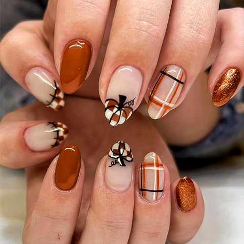 Fall Press On Nails Medium Almond Thanksgiving Pumpkin Plaid Acrylic Fake Nails
