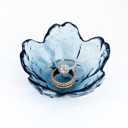 Crystal Blue Flower Ring Dish - Decorative Glass Jewelry Tray