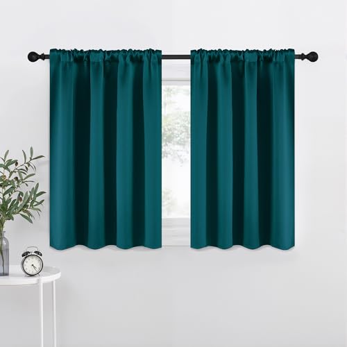 NICETOWN Teal Faux Silk Blackout Curtains - 42"W x 36"L, 2-Panel Set