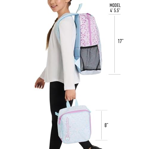Champion Mode 2-Piece Backpack and Insulated Lunch Box Combo Set with Laptop Compartment, Padded Straps, Water Bottle Pocket, Pink/Blue, One Size