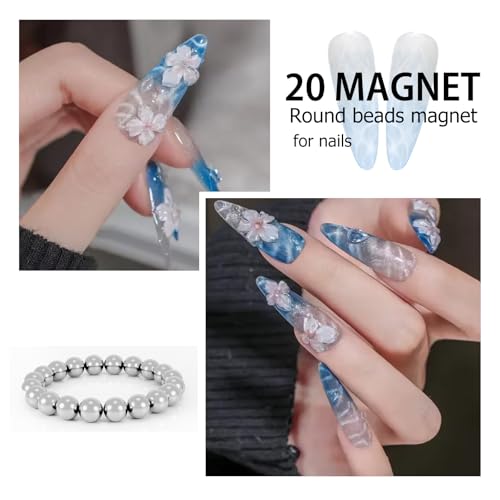 20Pcs Magnetic Nail Art Beads Silver Round Cat Eye Gel Polish Wand Tool