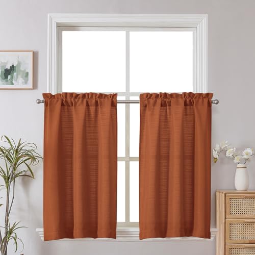 Orange Faux Linen Kitchen Curtains - 36 Inch Short Tier Pair
