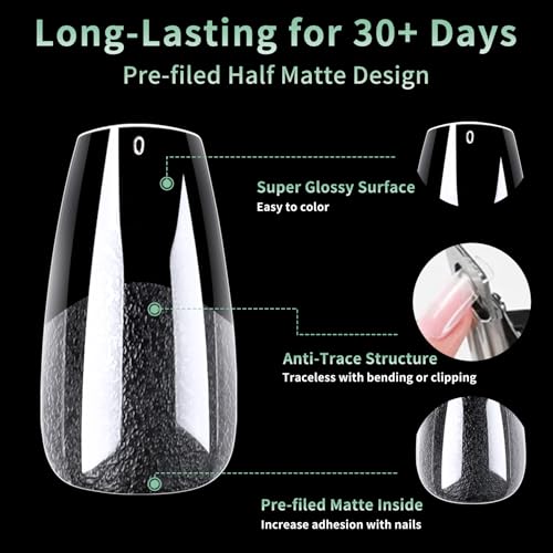 LEYKOSH Medium Coffin Nail Tips, 216 Pcs Clear Soft Gel Fake Nails
