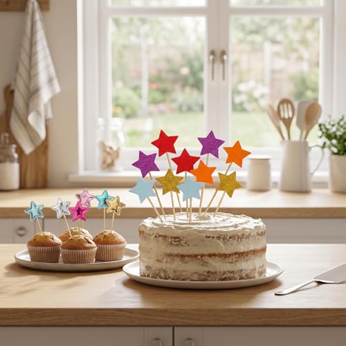30 Pcs Glitter Star and Heart Cupcake Toppers Rainbow Cake Picks