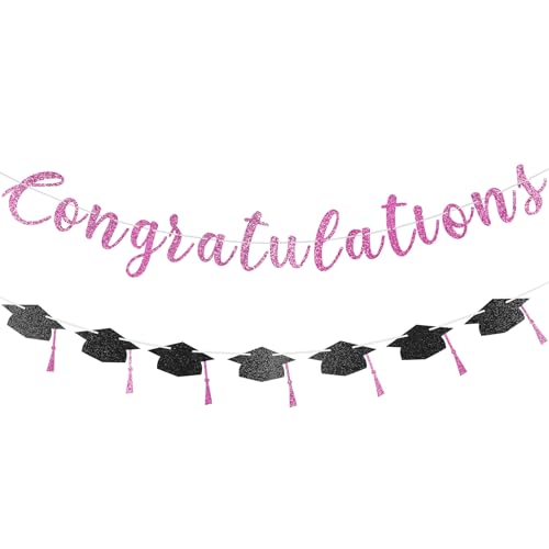 Pink Glitter Congratulations Banner for Graduation Party Class of 2026