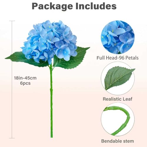 Blue Hydrangea Artificial Flowers Bouquets - 6pcs Silk Faux Floral Stems for Home & Wedding Decor