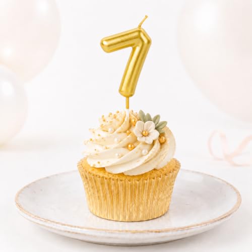 CARGEN Gold Number 7 Birthday Candle - 3D Chubby Cake Topper for Mini Cakes
