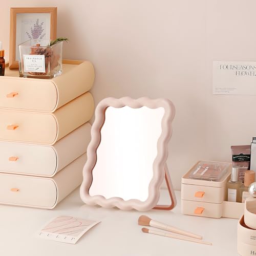 Wave-Shaped Pink Desk Mirror, Portable Folding Makeup Mirror 6.7x5.3 Inch