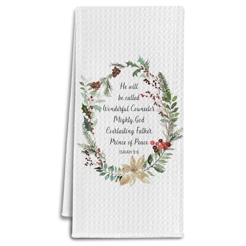 Christmas Christian Kitchen Towels - Holly Wreath Winter Dish Tea Hand Towel - Isaiah 9:6 Religious Decor - Casual Variation