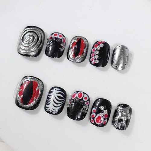 Gothic Press On Nails Short Square Black Silver Y2K False Nails 30Pcs