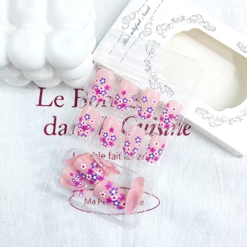 Short Almond French Tip Press on Nails with Floral Design, 24Pcs Reusable Acrylic False Nails