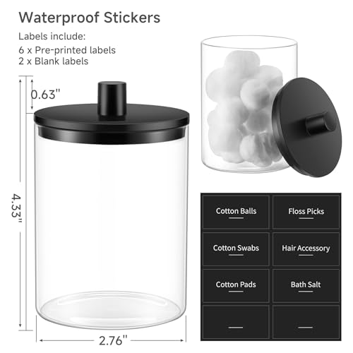 TIPGO Glass Q-Tip Holder Dispenser, 10 oz Bathroom Storage Jar (2 Pack, Black)