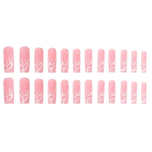 Extra Long Square Pink Press on Nails with Pearl and Line Designs 24Pcs