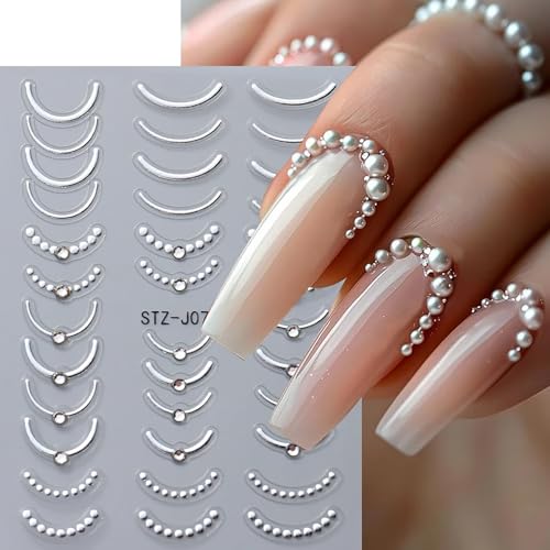 5D Embossed French Tip Silver Nail Stickers with Crystal Rhinestones 3 Sheets