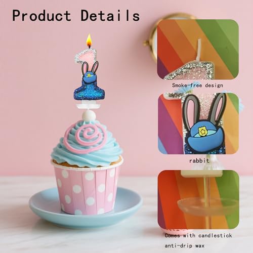 Bunny Birthday Number Candle - Blue Glitter Number 5 Cake Topper