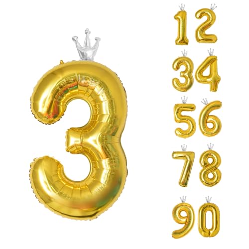 40 Inch Gold Number 3 Crown Balloon for 3rd Birthday & Weddings