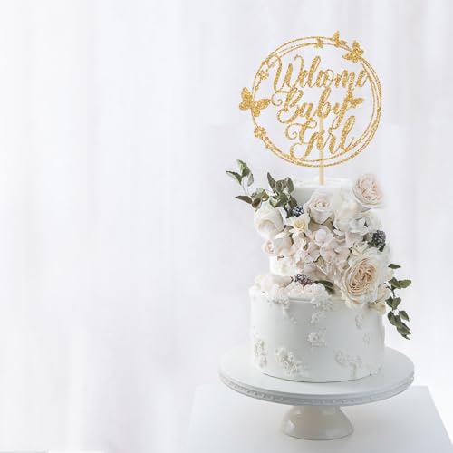 Welcome Baby Girl Cake Topper - Gold Glitter Baby Shower Decoration