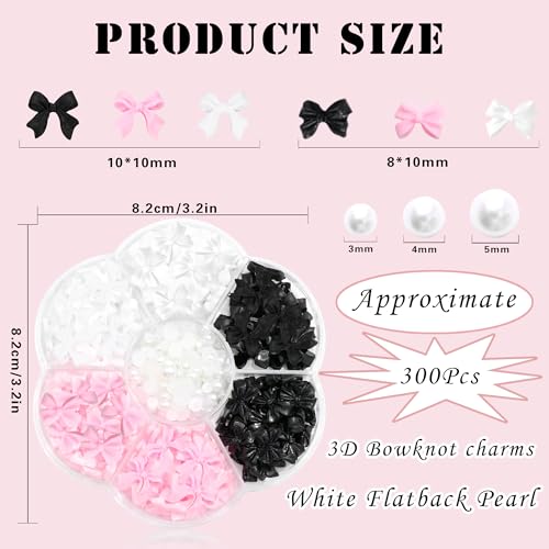 3D Bow Nail Charms and Flatback Pearls Set with Tweezers (300 Pcs)