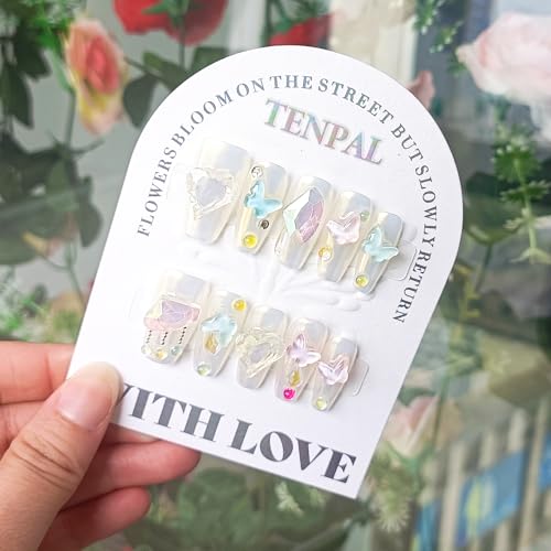 TENPAL Handmade Press on Nails Coffin 3D Crystal Heart Aurora False Nails XS