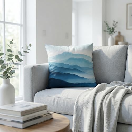 Blue Mountain Velvet Pillow Cover 18x18 - Watercolor Landscape Design