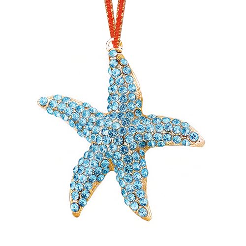 Metal Starfish Christmas Ornament with Blue Rhinestones - Beach Theme Holiday Decor