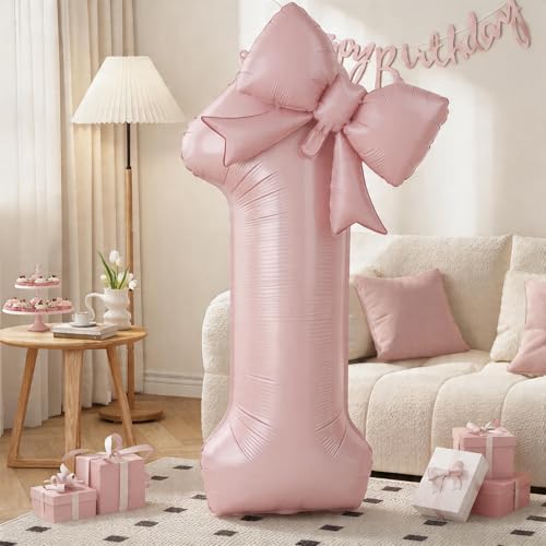 40 Inch Dusty Pink Number 1 Balloon with Matching Bow for 1st Birthday