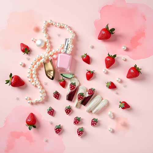 PurYupearl 50Pcs Red Strawberry Nail Charms Kawaii Rhinestone Gems