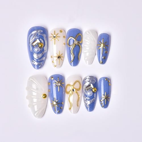 24Pcs Gold Star Press on Nails Medium Almond Fake Nails with Bow