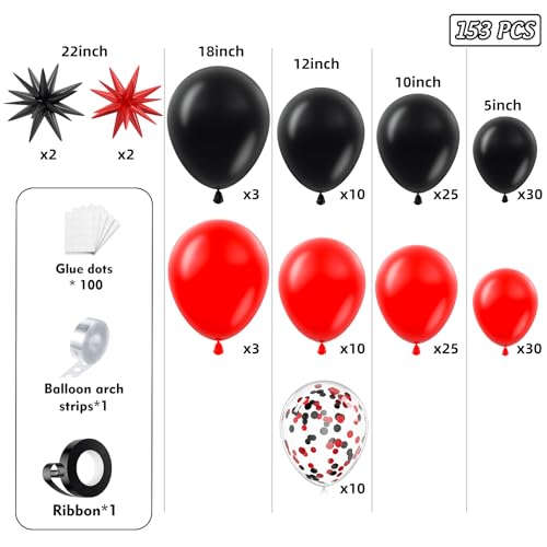 Red and Black Balloon Arch Kit with Stars - 153 Pcs Balloons