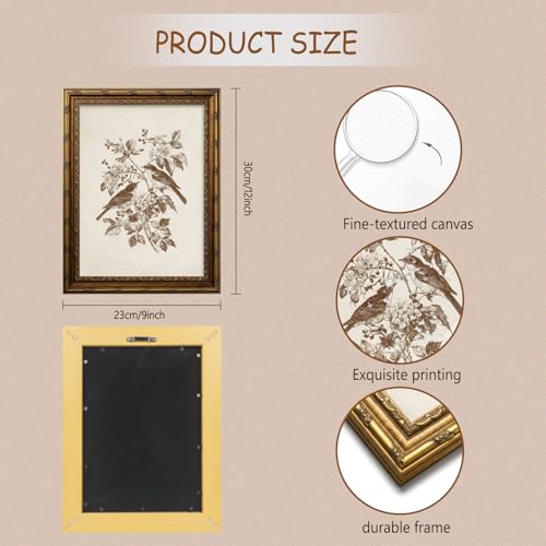 Vintage Botanical Bird Wall Art Canvas with Gold Frame 9x12 Inch