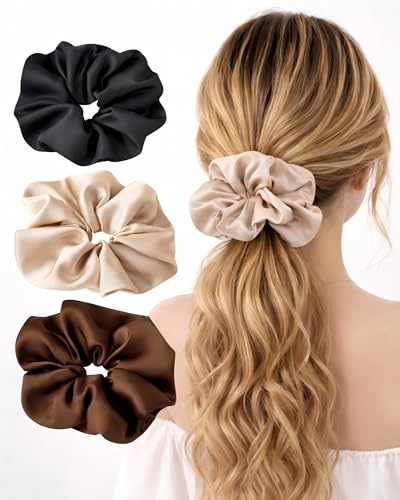 Large Satin Scrunchies 3 Pack - 7 Inch Oversized Hair Ties for Thick Hair