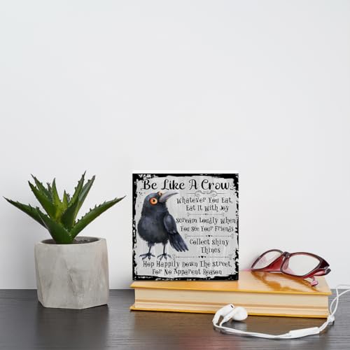 Funny Crow Wooden Box Sign - 5x5 Inspirational Decor Gifts, White 1157
