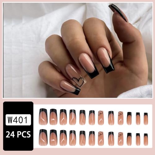 Black French Tip Press on Nails with Heart Design Medium Square Fake Nails