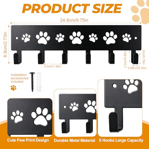 Dog Leash and Key Holder Wall Mount with 6 Hooks - Decorative Paw Print