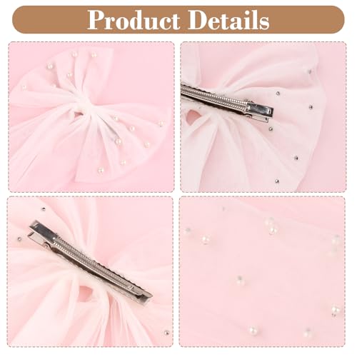 GAFATORY Pearl Hair Bow with Veil - White Bridal Tulle Hair Clip